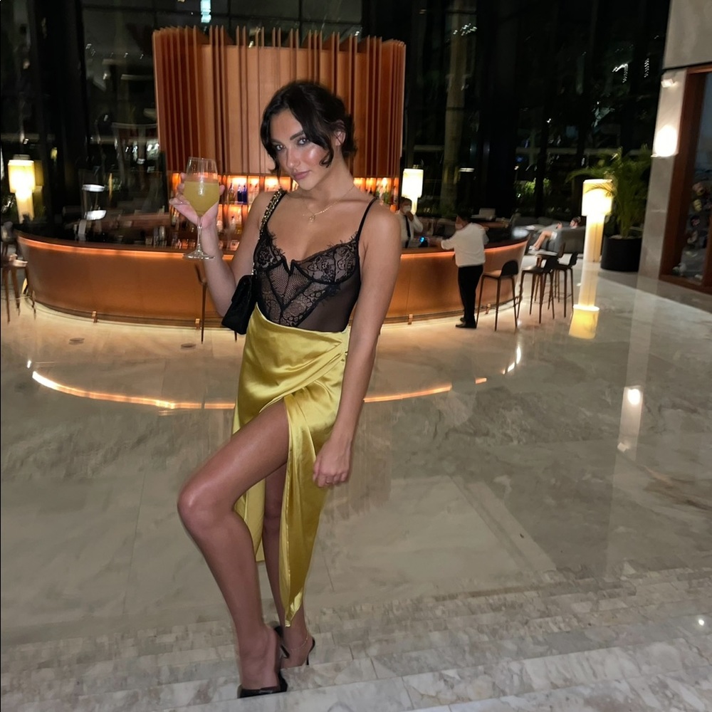 zara mustard slit silk skirt